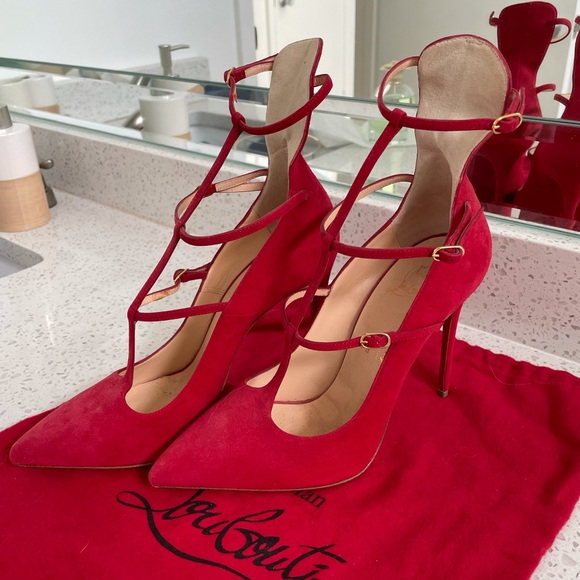 Louboutin Toerless Muse 38 Suede Red Triple Strap - Picture 5 of 9